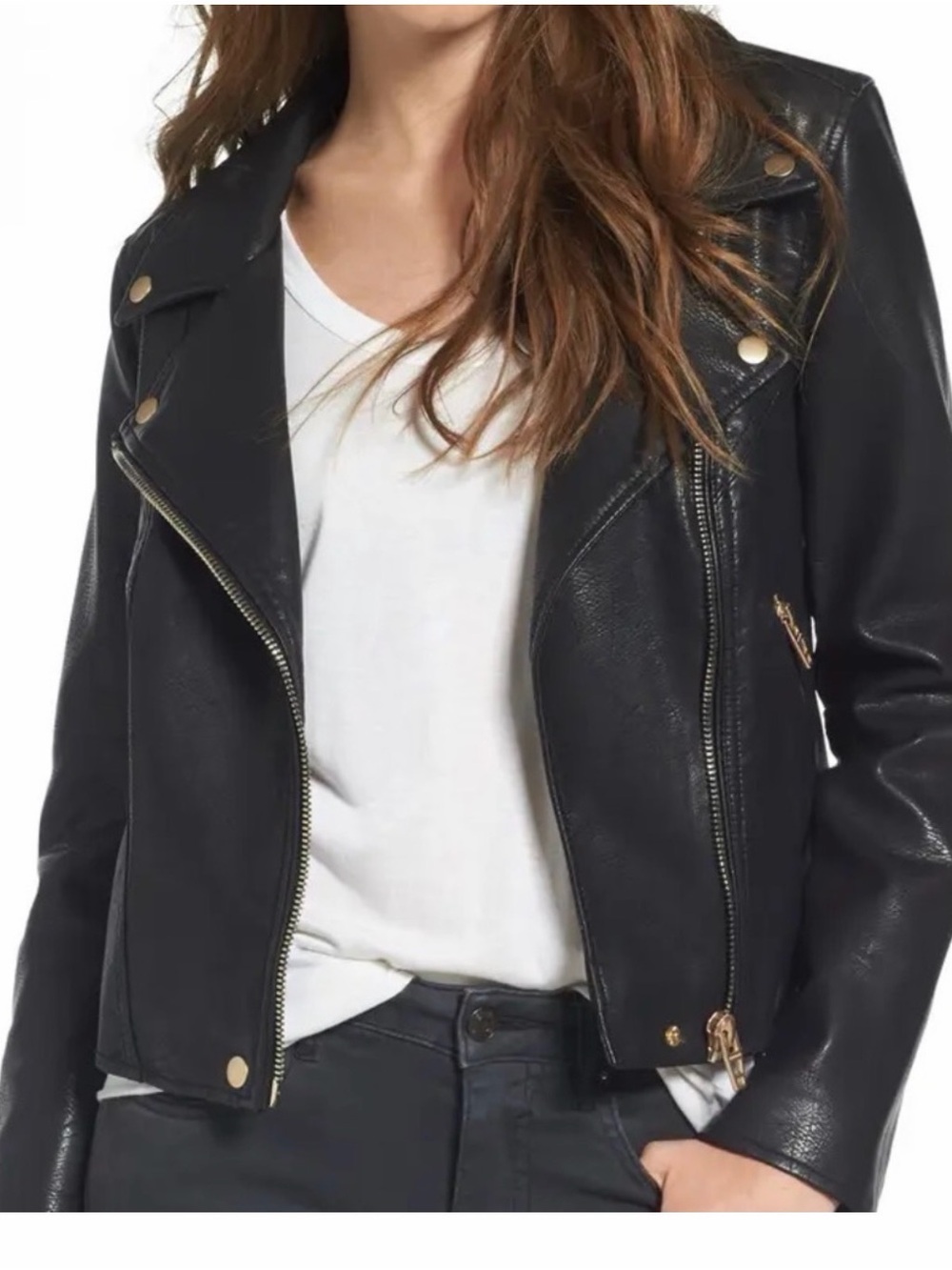 Blank NYC Black Faux Leather Moto Jacket with Gold Hardware